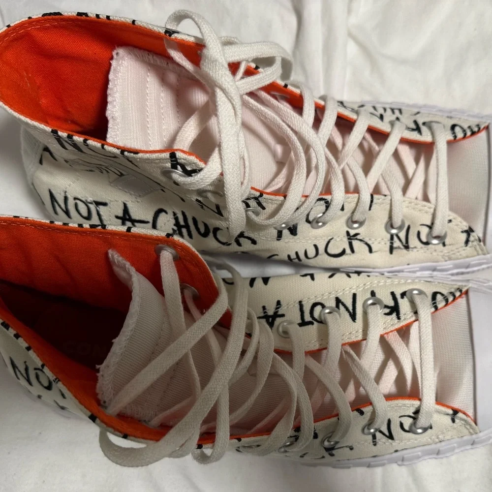 Converse White High-Top Sneakers with Orange Lining and Handwritten Graphic - Picture 3 of 5